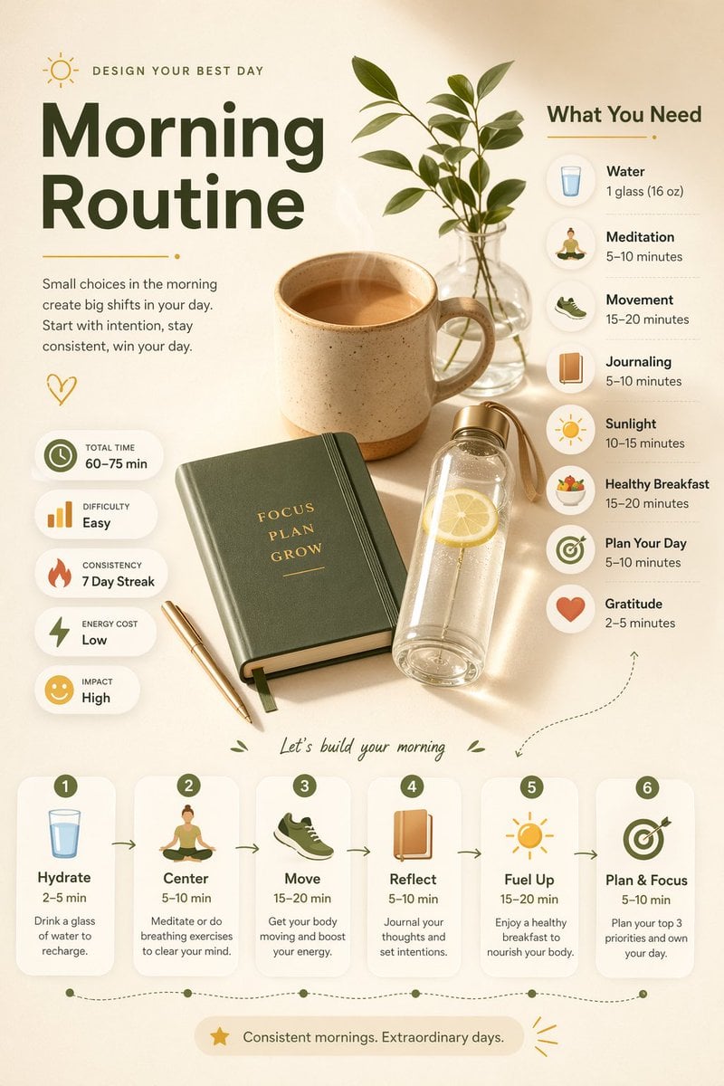 Ultra-clean modern editorial infographic on the topic of [ROUTINE] routine. Hero visual: a stylized flat-lay or floating