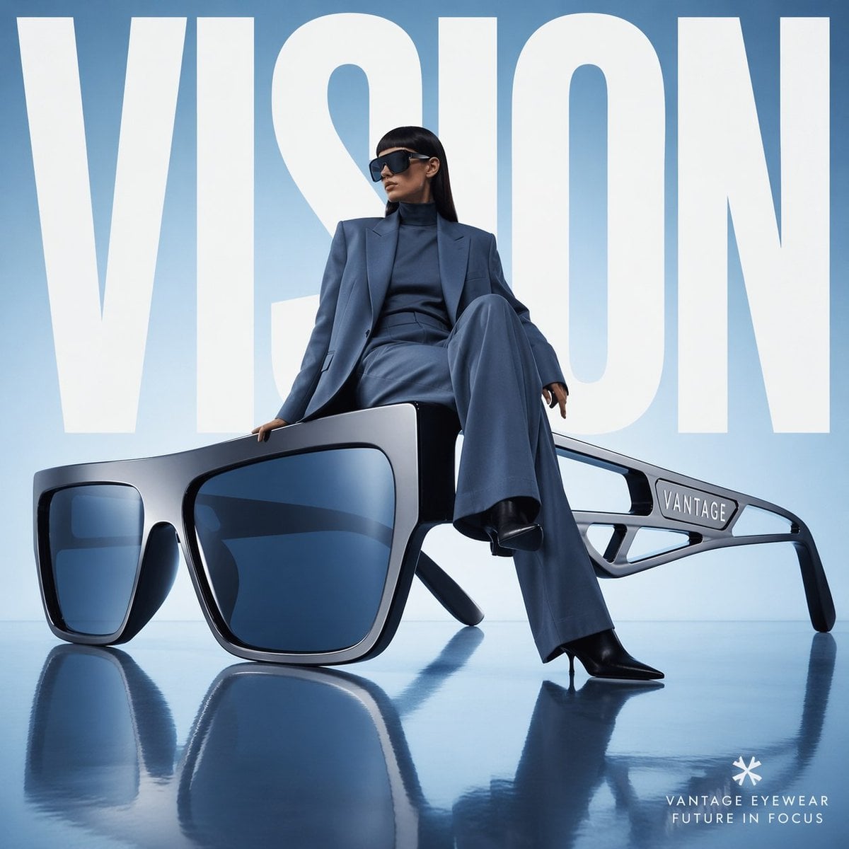 Avant-garde fashion advertisement, oversized futuristic sunglasses positioned like sculpture, model casually seated on t