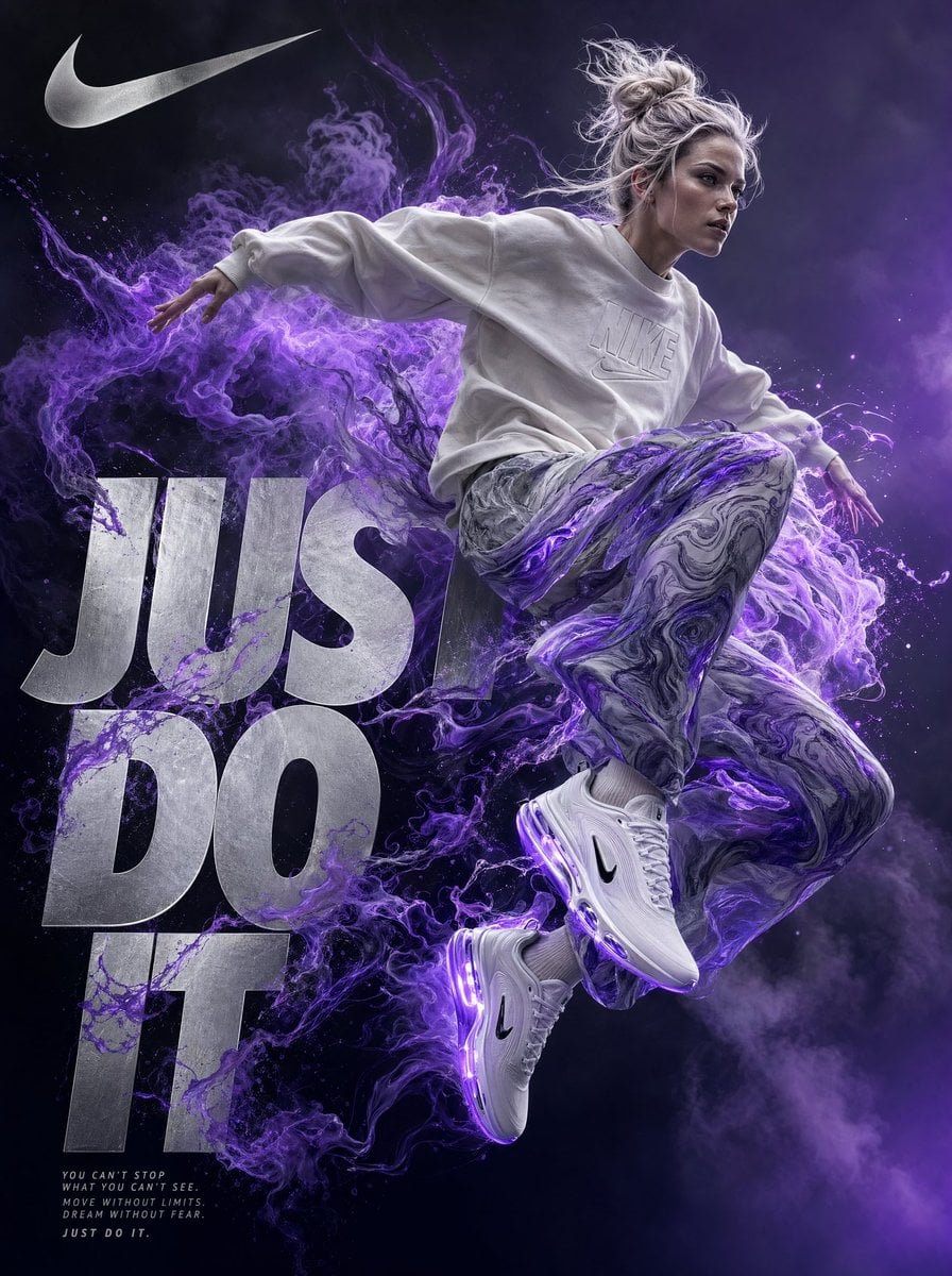 A highly detailed digital artwork in a surreal, dynamic style inspired by premium athletic advertising for Nike, Inc. A 