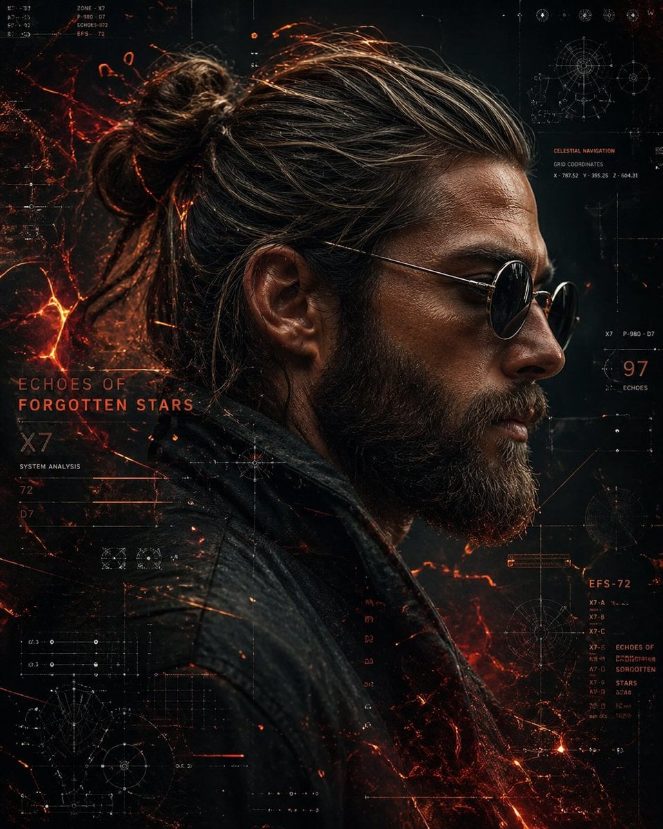 A cinematic side-profile portrait of a rugged man with a tied-back bun and full beard, wearing round dark sunglasses and