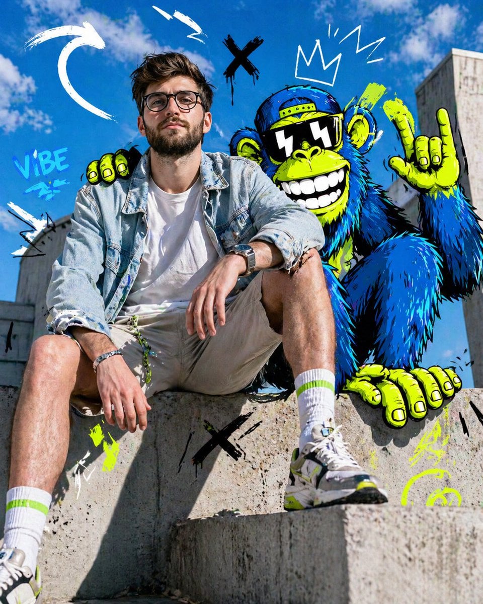 Full-body fashion editorial shot of a confident young person model sitting casually on a concrete ledge, legs slightly a