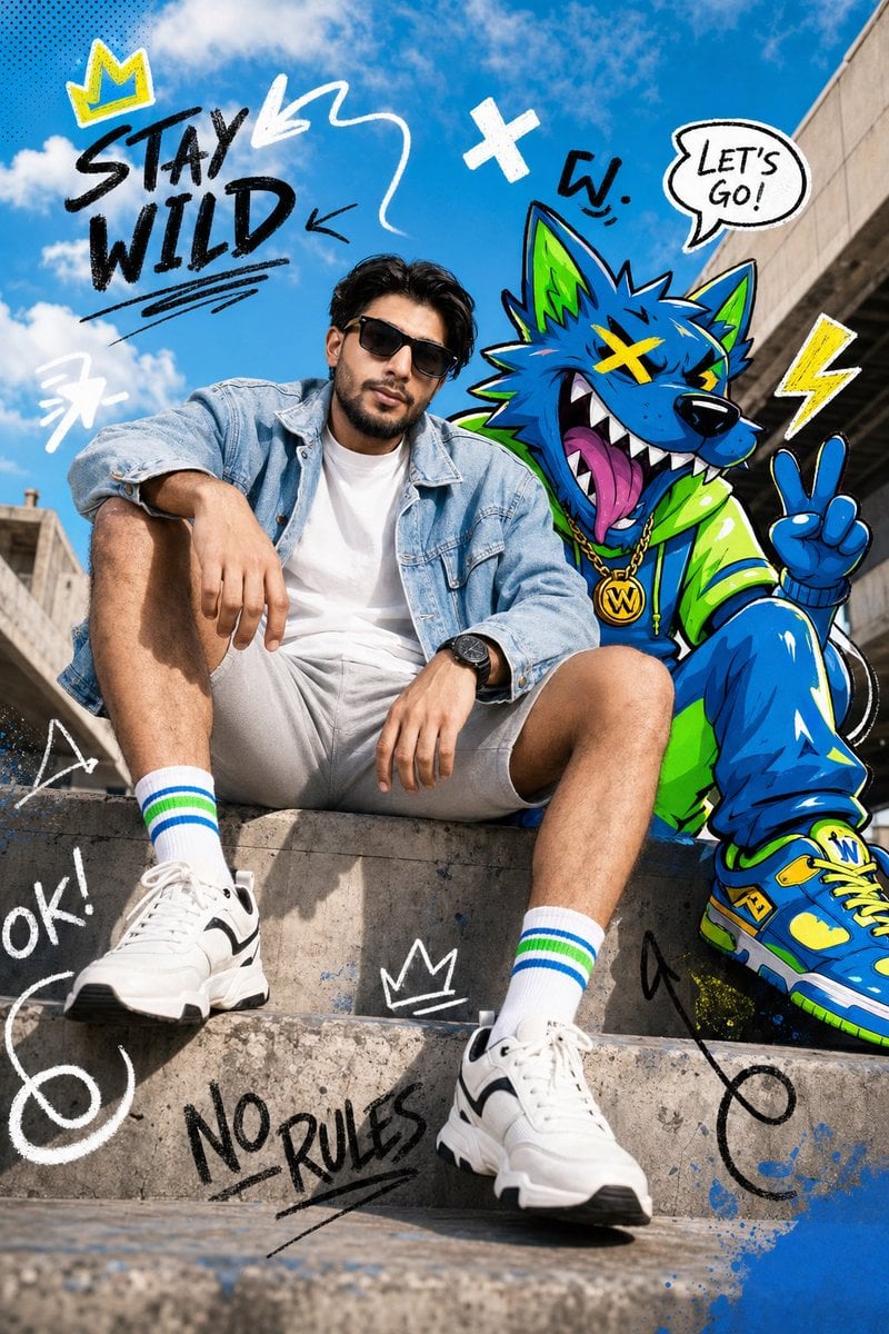 Full-body fashion editorial shot of a confident young person model sitting casually on a concrete ledge, legs slightly a