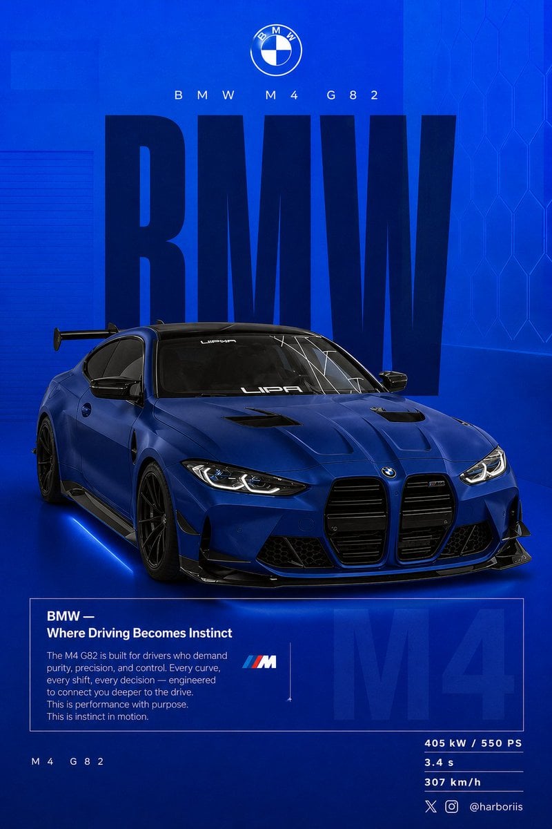 Create a 4:5 vertical social poster in ultra high resolution, 8K print quality sharpness. Use the BMW car from the refer