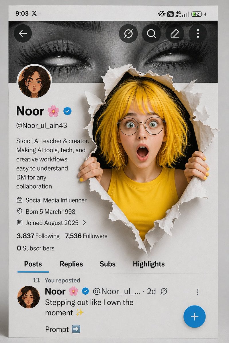 A creative 3D photo manipulation of a social media profile interface, featuring a surprised young woman with short messy