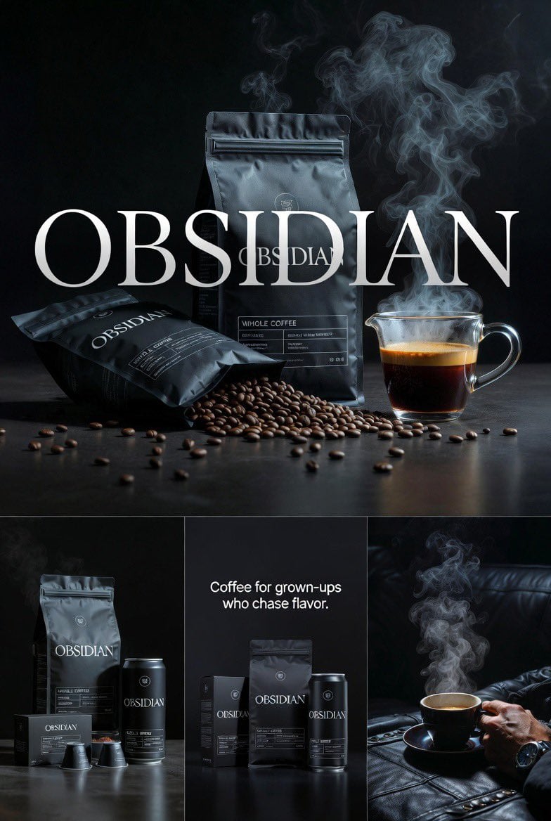 Create four connected premium realistic editorial images for OBSIDIAN coffee. Dark cinematic grown-up vibe like high-end