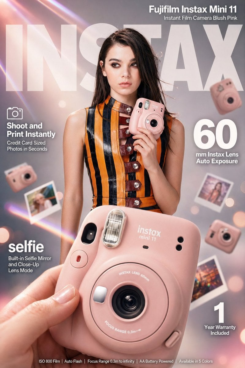 High-impact e-commerce infographic advertisement for [Brand Name: Fujifilm Instax Mini 11] blush pink instant camera. FO