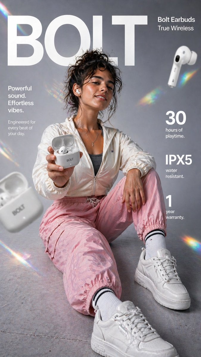 Create a high-impact 9:16 vertical e-commerce infographic for [Hero Subject: Bolt True Wireless Earbuds] with a premium 