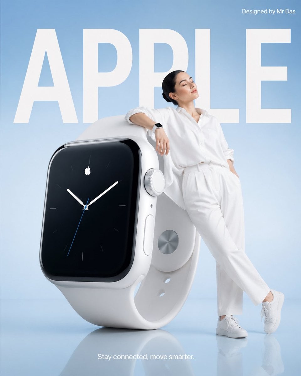 Minimalist commercial ad featuring oversized white smartwatch, ultra-clean design. A young woman in all-white outfit lea