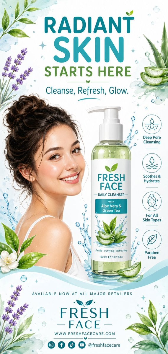 A clean, refreshing vertical advertising poster design for a face wash product, using a graphic illustration style with 