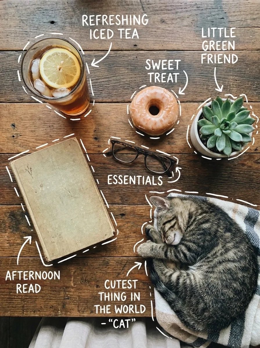Top-down flat lay on a rustic wooden table, cozy aesthetic, soft natural light. A glass of iced tea with lemon slices an