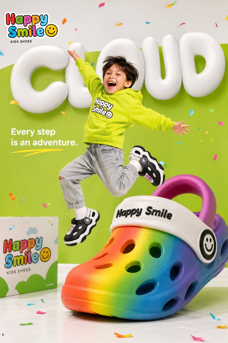 Bright color[Primary Color: ful children]'s shoe brand advertisement for [Title: Happy Smile☺️], happy young child jumpi