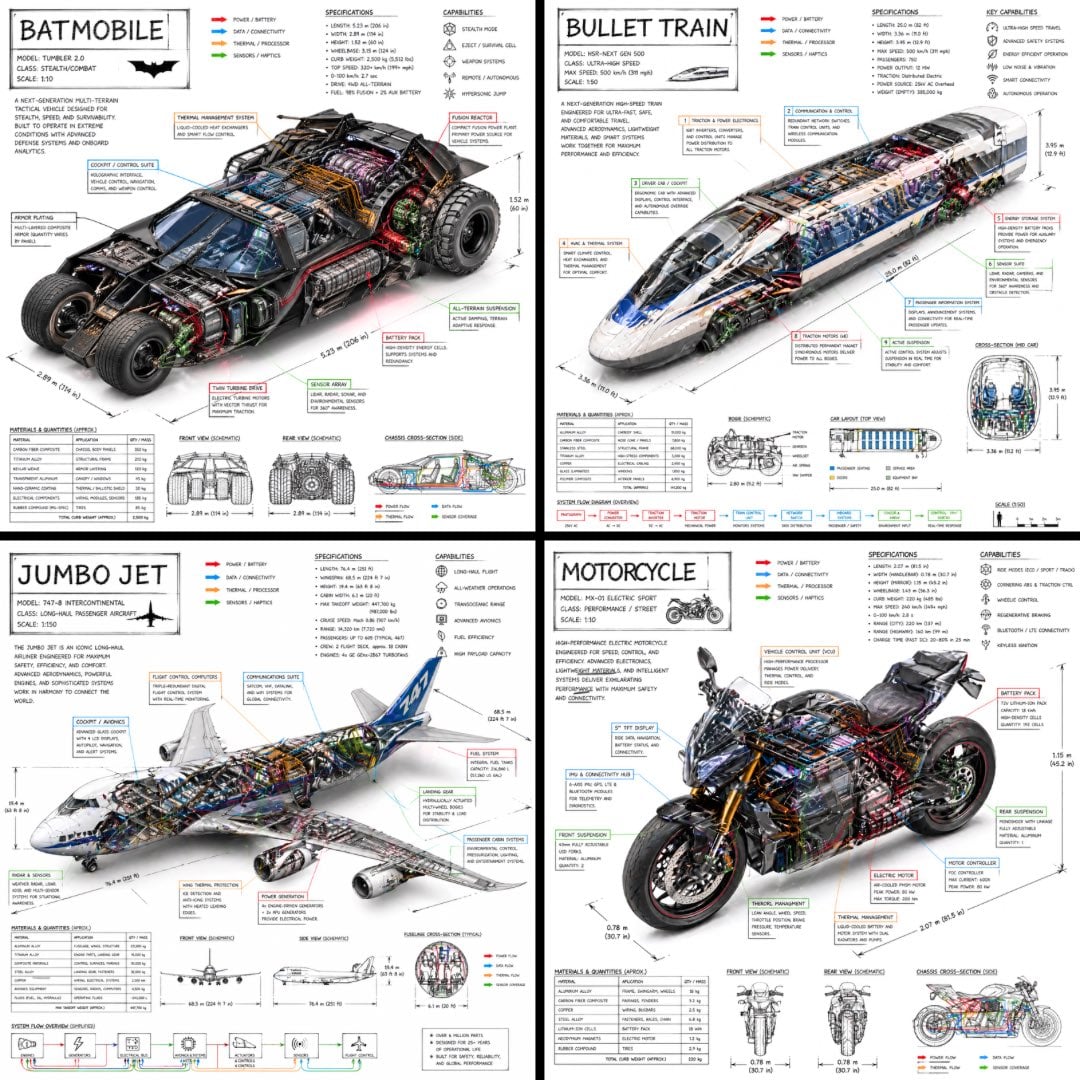 Create a technical infographic of [VEHICLE] with a 45-degree isometric 3D perspective showing the device slightly tilted
