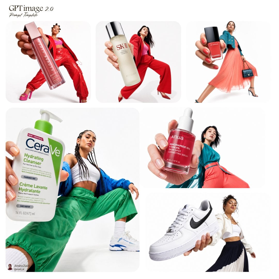 Low-angle fashion campaign photograph of a confident model holding a large [product name] very close to the camera, exag