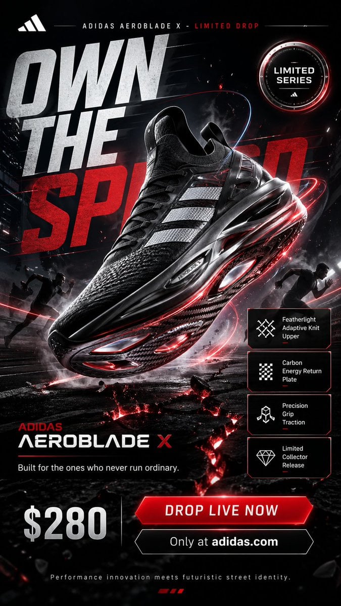 Create a jaw-dropping premium advertising poster in 9:16 vertical format for a fictional ultra-limited Adidas sneaker ca