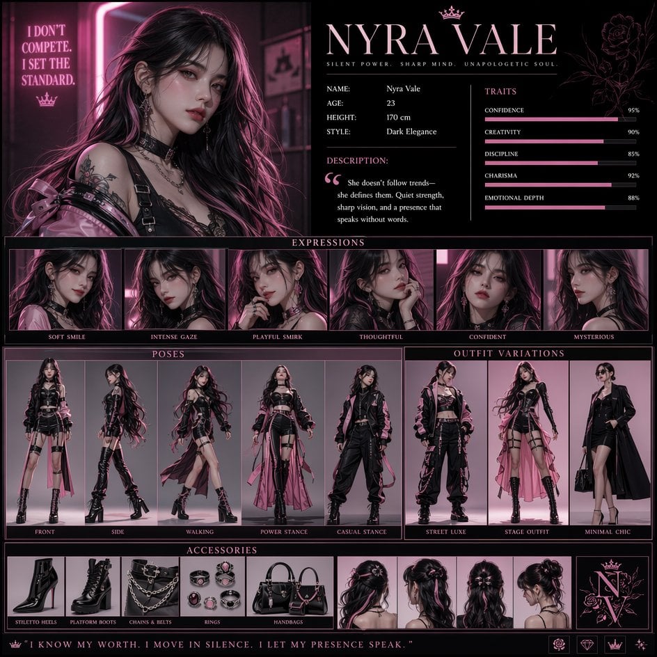 Create a high-resolution vertical character concept poster with a luxury pink and white  aesthetic, blending elegance wi