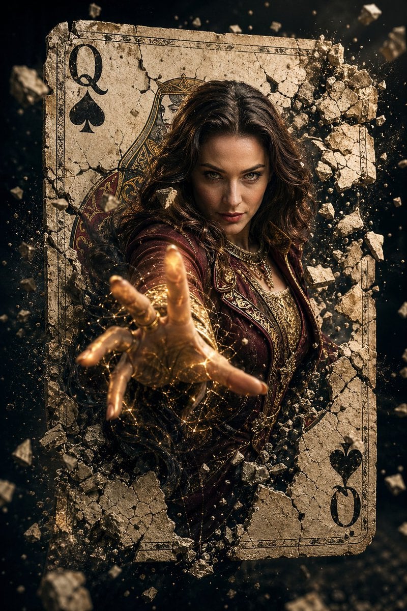 A hyper-realistic cinematic movie poster of a powerful female sorcerer with the same facial structure and likeness as th