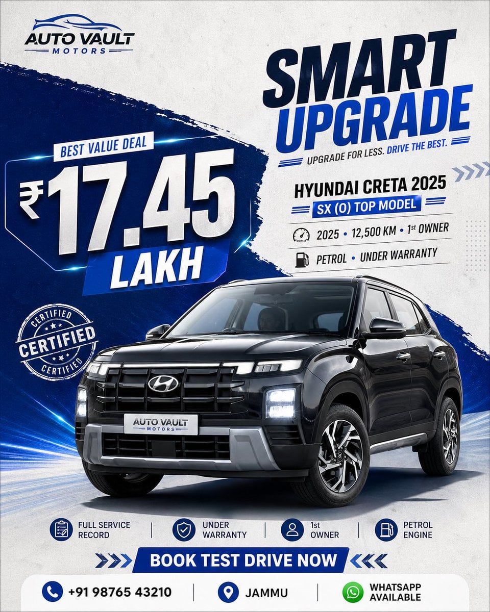 [BRAND NAME = AUTO VAULT MOTORS]
[CAR MODEL = HYUNDAI CRETA 2025 • SX (O) TOP MODEL]
[PRICE = ₹17.45 LAKH]
[KEY HIGHLIGH