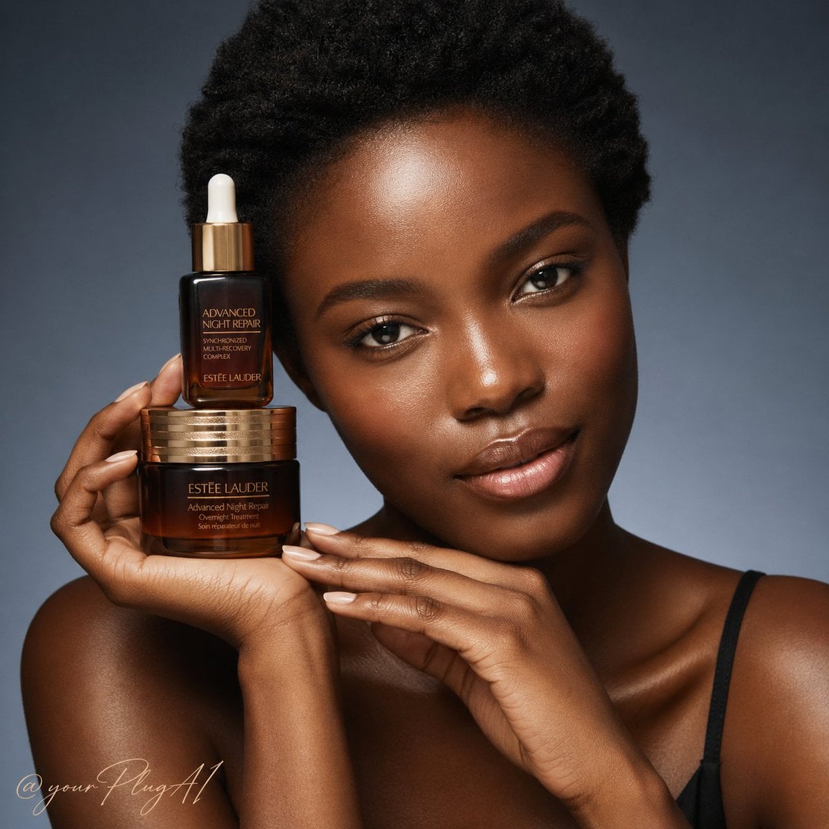 A high-end luxury skincare campaign portrait featuring [MODEL_DESCRIPTION] with [SKIN_TEXTURE_AND_MAKEUP], posed in a [C
