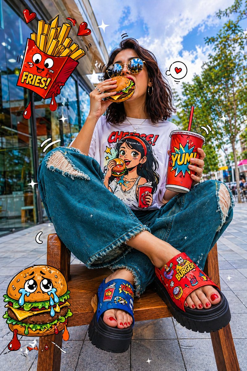 A young woman with shoulder-length dark brown wavy hair sitting cross-legged
on a wooden bench/stool, eating a cartoon-s