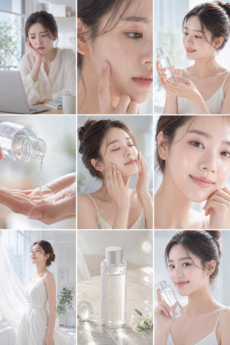 Create a clean, bright skincare commercial storyboard in a 16:9 layout with 9 panels. Use soft natural lighting, minimal