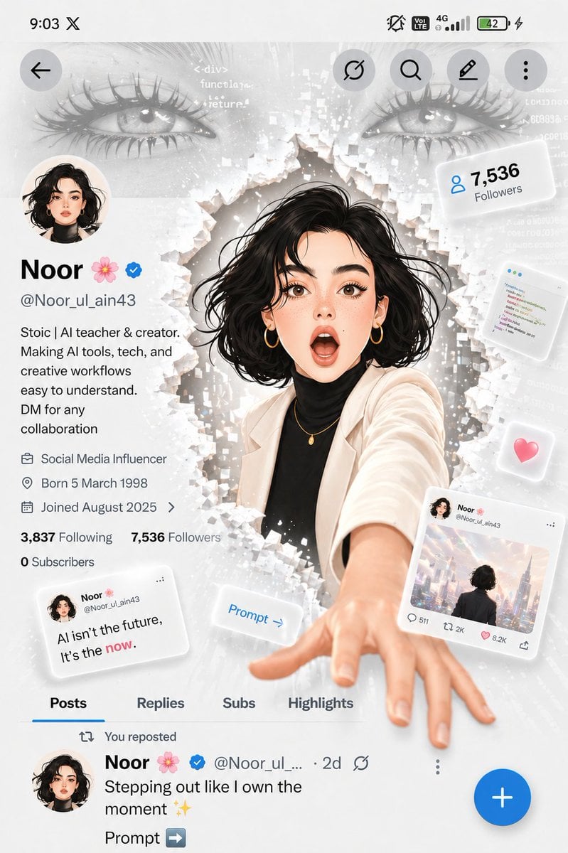 A futuristic social media profile UI in a clean white minimal aesthetic, inspired by modern app interfaces. In the cente