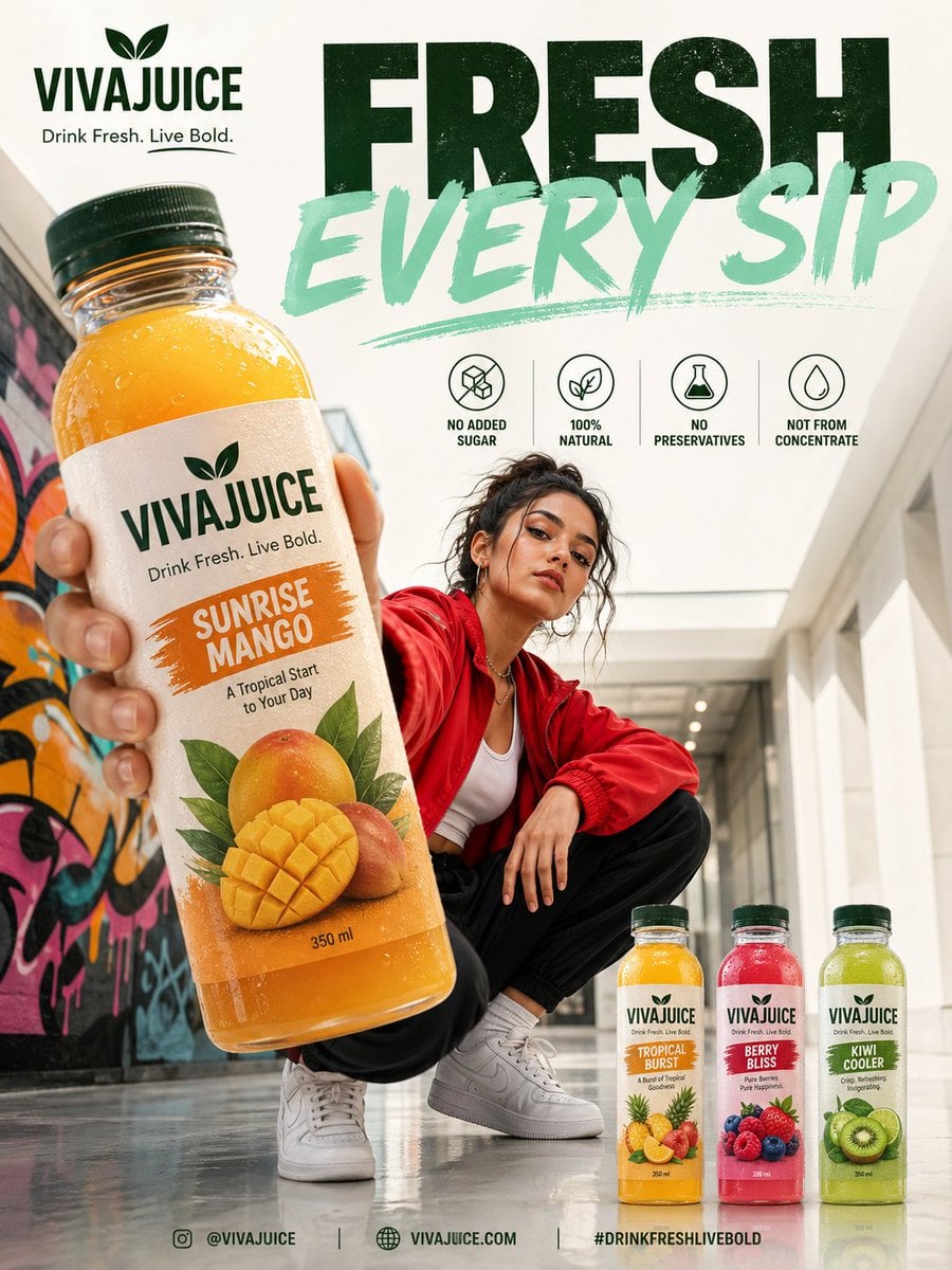 Create a premium modern beverage advertisement poster in a vertical 3:4 format featuring a stylish young female model cr