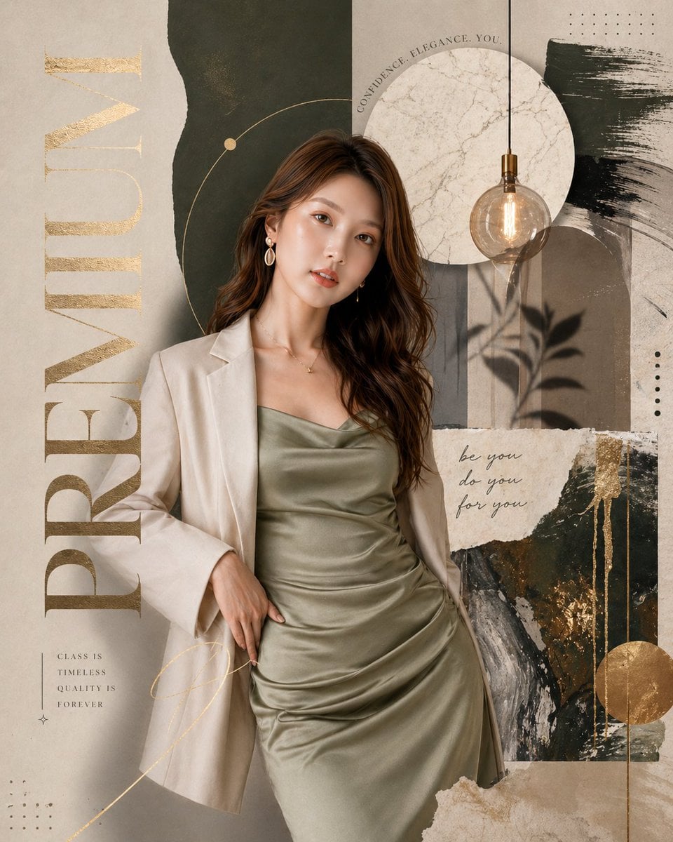 Luxury fashion editorial poster, premium magazine collage style, earthy neutral color [Primary Color: palette](beige, ol