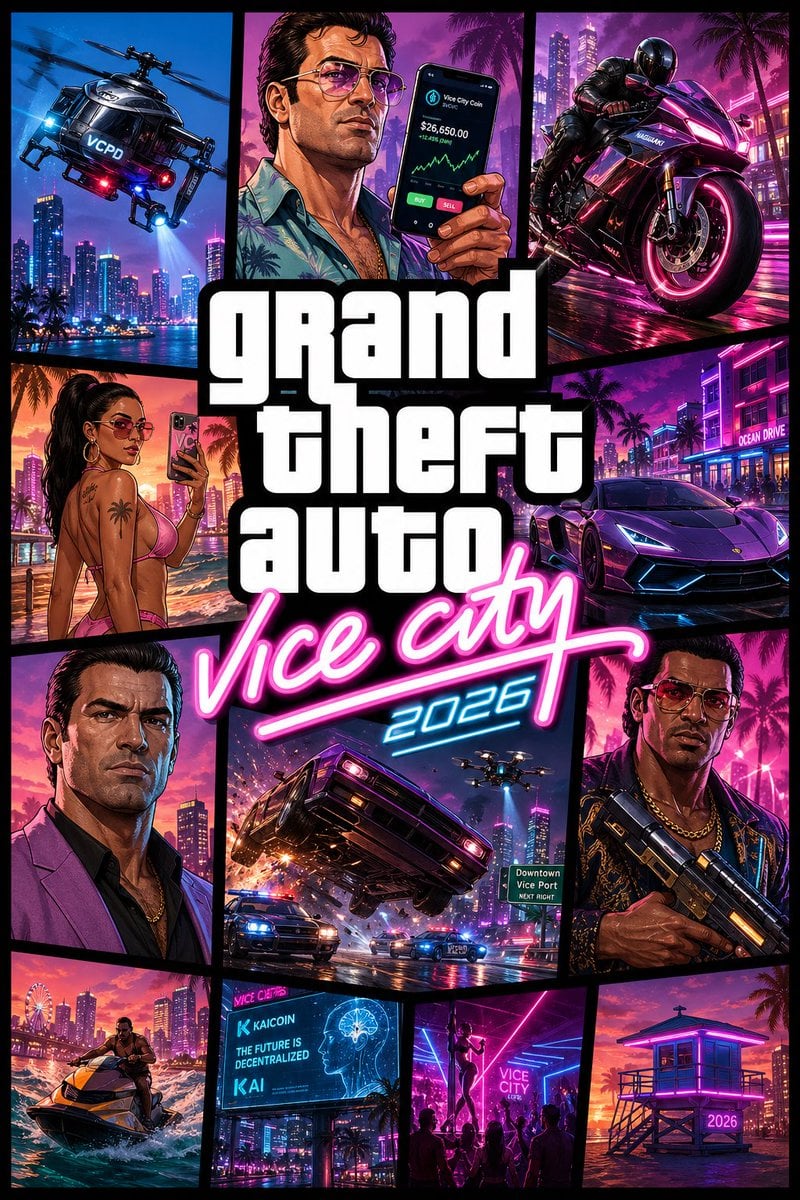 Create a stylized AAA video game key art poster.

CONCEPT:
[Brand Name: Vice City 2026] reimagined — modern evolution of