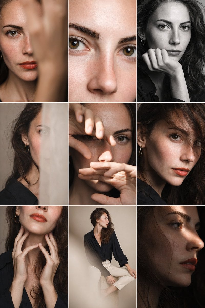 Editorial 3x3 photo grid in a clean soft beige studio. Character (matches reference 100%) wearing lightweight dark navy 