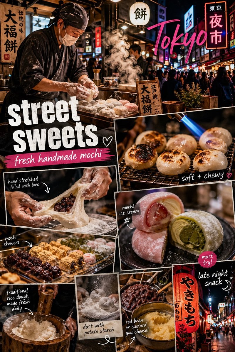 A vibrant Tokyo street food scene focused on Japanese mochi desserts, styled as a dynamic Pinterest-style vertical colla