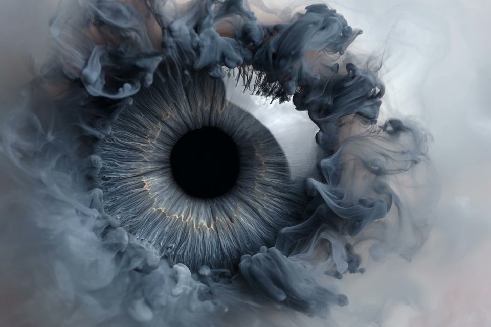 A [subject] emerges from swirling liquid plumes suspended in milky water, shaped by flowing ink diffusion and abstract o