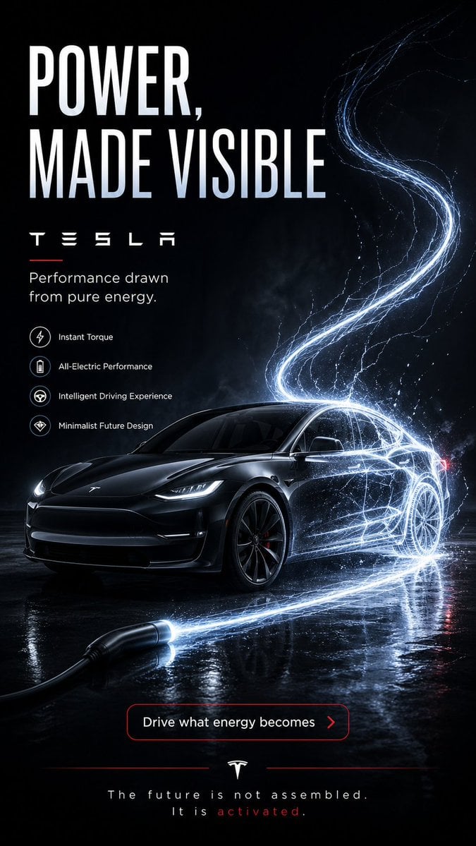 Create a brilliant 9:16 vertical advertising poster for Tesla. The concept must be futuristic, minimal, and visually int
