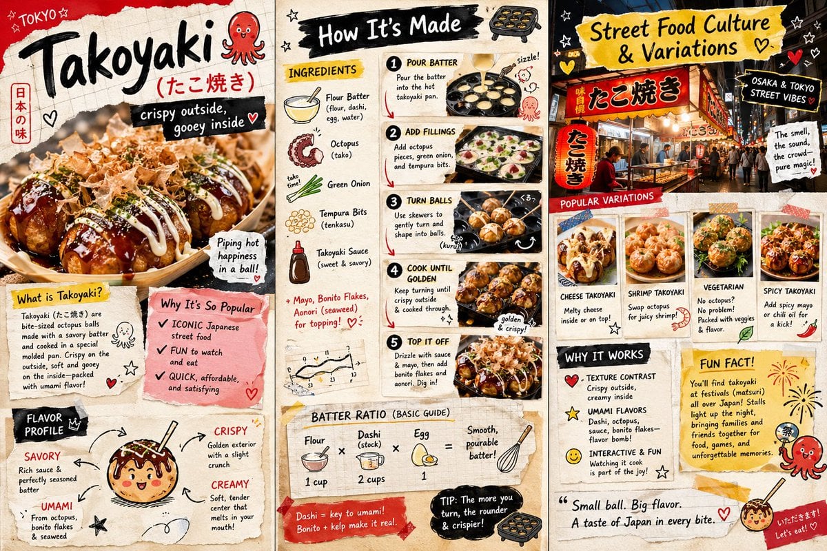 Create a vibrant, color[Primary Color: ful]3-page zine-style infographic about a trendy international street food: [Titl