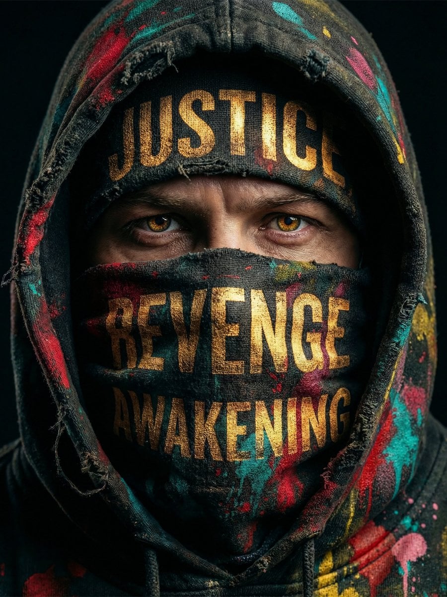 Ultra-detailed cinematic portrait of a mysterious light-skinned person wearing a distressed, graffiti-covered hood and f