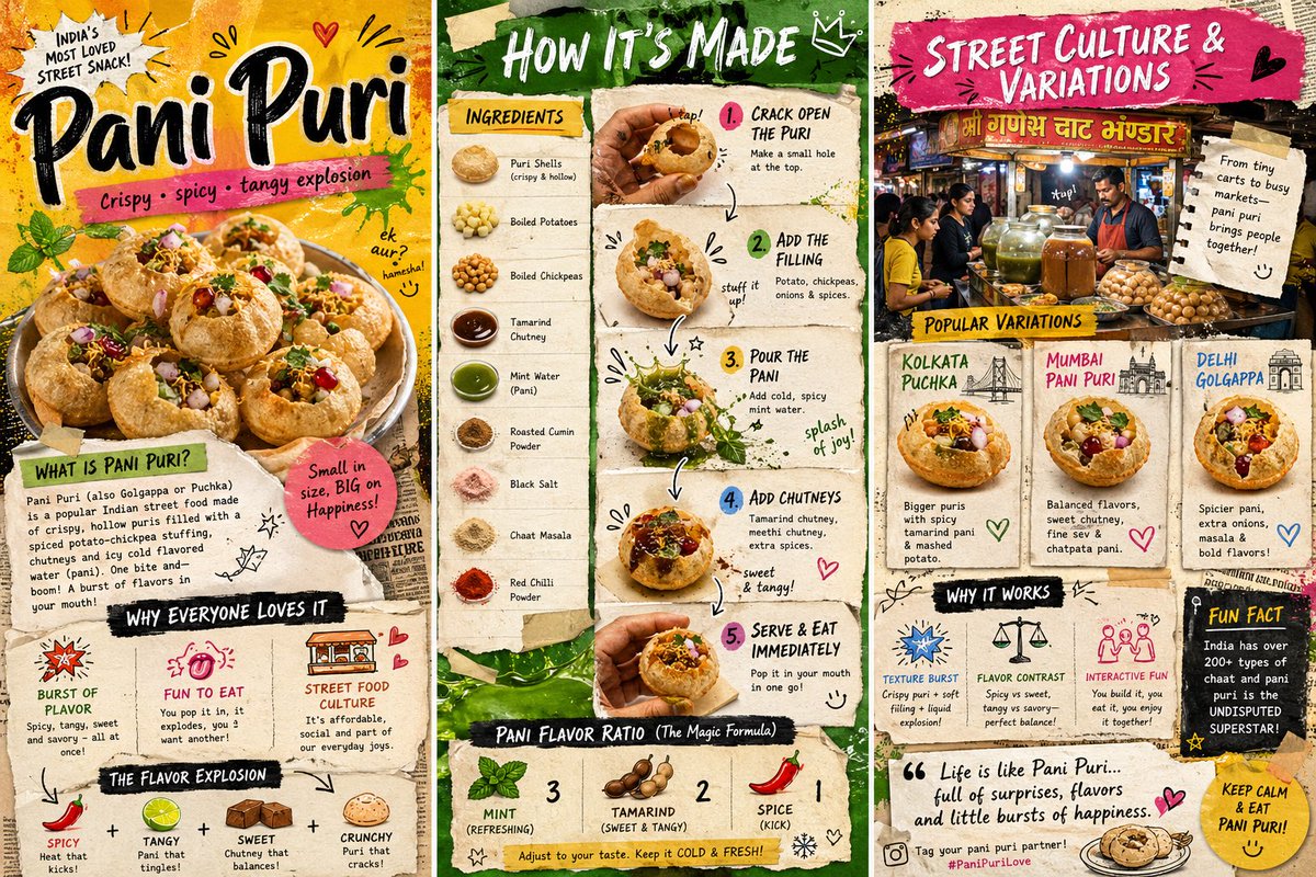 Create a vibrant, color[Primary Color: ful]3-page zine-style infographic about a trendy Indian street food: [Title: Pani