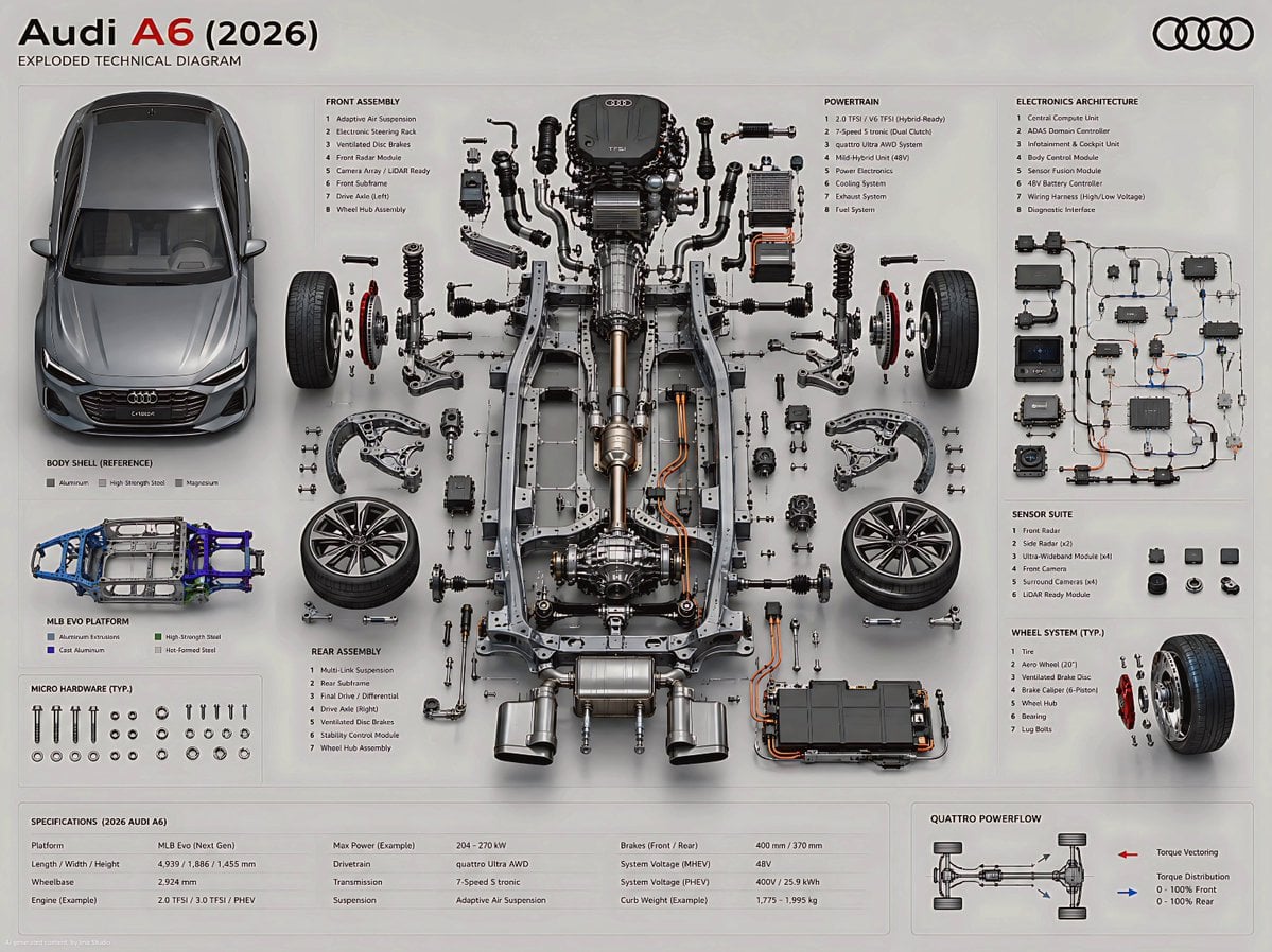 Create an ultra-high fidelity exploded technical diagram of a 2026 Audi A6, presented as a premium engineering poster. A