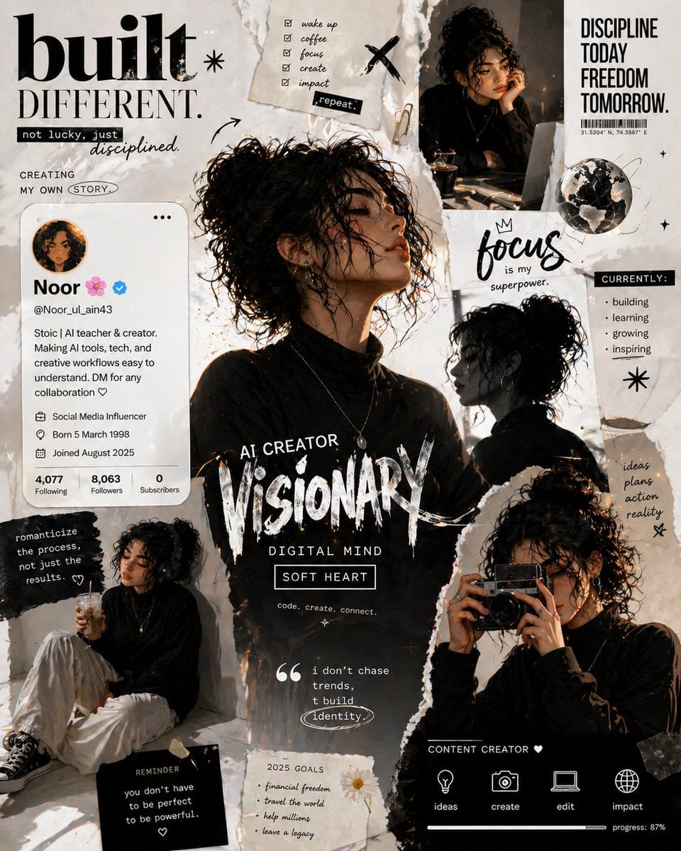 A bold, editorial-style digital collage in a monochrome white and beige theme with subtle warm highlights. A young woman