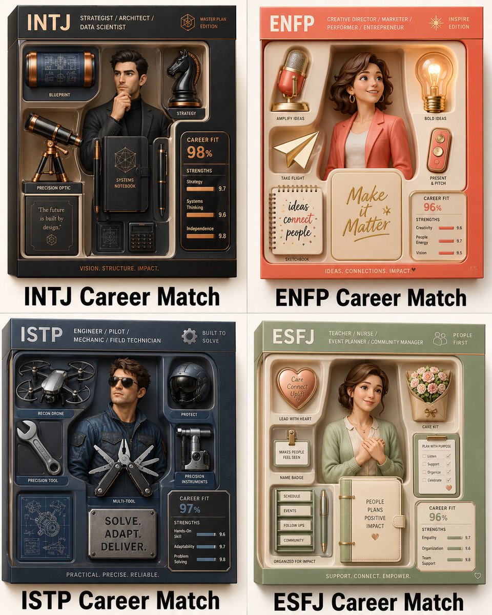 2x2 grid, do this for 4 famous personality types: Render_Target = ( Luxury_3D_Career_Starter_Pack_For_[personality type]