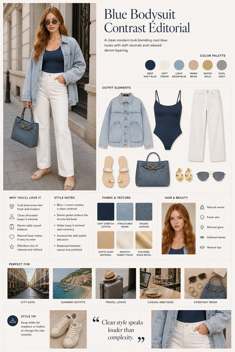Fashion editorial layout, split design with model photo on the left and styled outfit board on the right, modern minimal