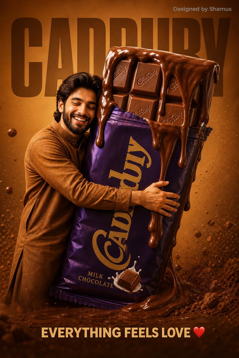playful food advertisement poster. A happy young KASHMIRI MAN in a caramel-brown outfit hugging a giant chocolate bar 3x