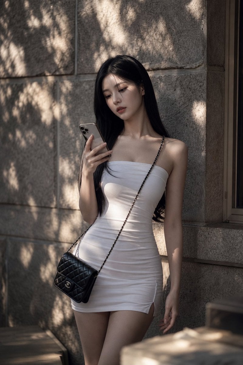 Realistic photography, portrait of a beautiful korean idol with long sleek straight black hair, a slim tall hourglass fi