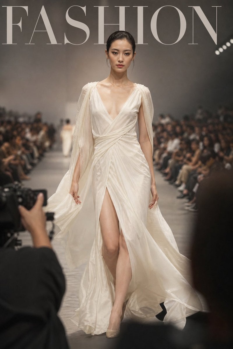 Luxury high-fashion runway magazine cover, title [Campaign Name: FASHION],

an elegant model walking forward in a coutur