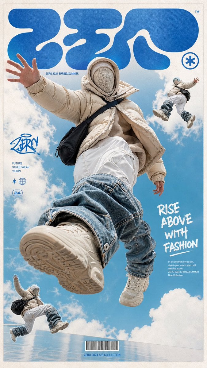 一张高端潮流街头服装海报，画面主体是一位无脸的未来感模特漂浮跳跃在天空中，穿着超大号米色羽绒服、层叠兜帽和针织面罩，面部被完全遮住；下身穿白色宽松工装裤，裤腿外叠加夸张的浅蓝与深蓝堆叠牛仔护腿，脚穿米色运动鞋，背着黑色单肩包。

主体采用极