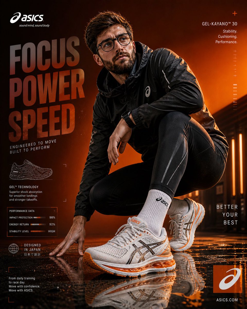 Create an ultra-high resolution (8K) premium ASICS sportswear advertisement with a cinematic, editorial feel. The image 