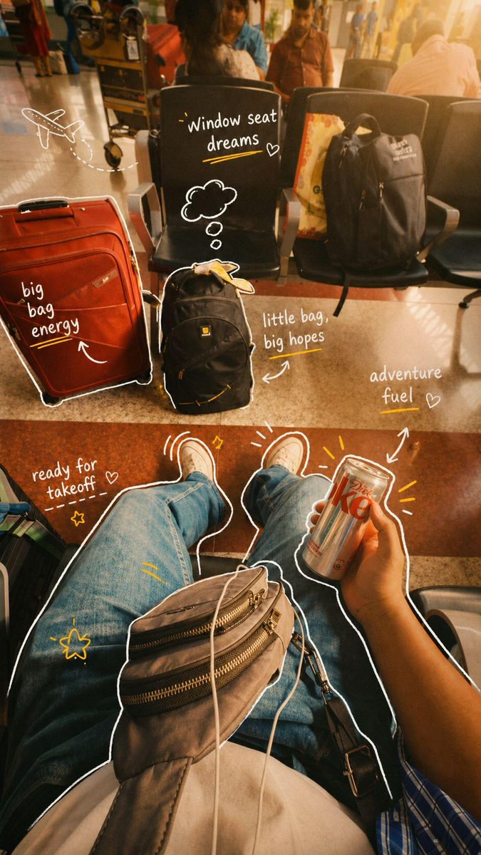 POV travel photography of a person sitting at an airport and inside an airplane, casual outfit with jeans and sneakers, 