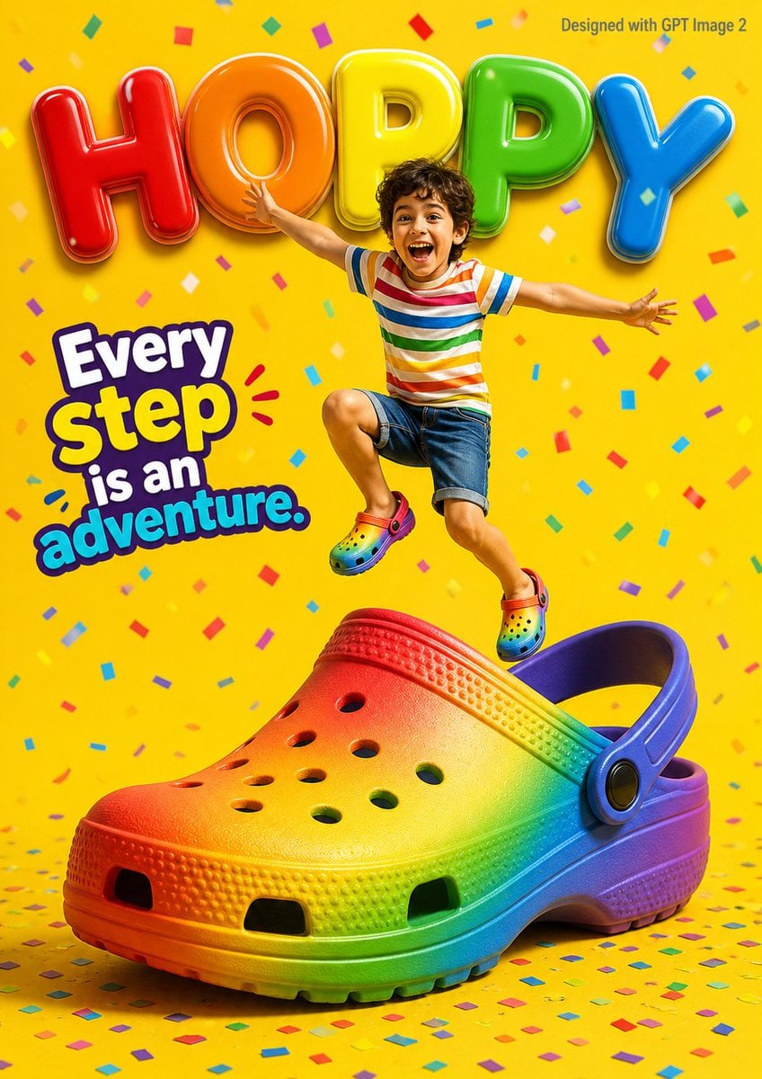 A vibrant children’s shoe advertisement poster featuring a joyful 7-year-old boy jumping energetically on top of a giant