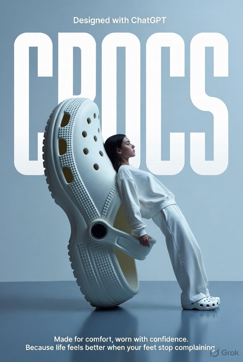 A high-fashion surrealist advertising poster for Crocs. The scene is set in a minimalist, monochrome light blue studio w