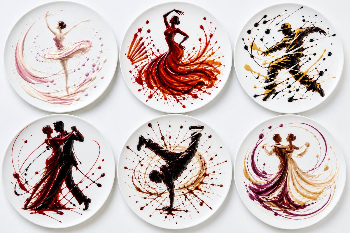 Six round white plates, each with a different dance form expressed through sauce choreography. [Randomly select: ballet,