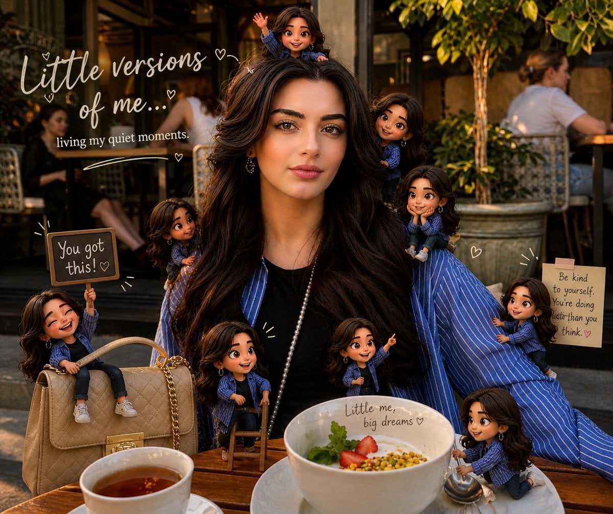 Mini [Title: chibi 3D] versions of the same person appear around the original photo — sitting, climbing, playing, intera