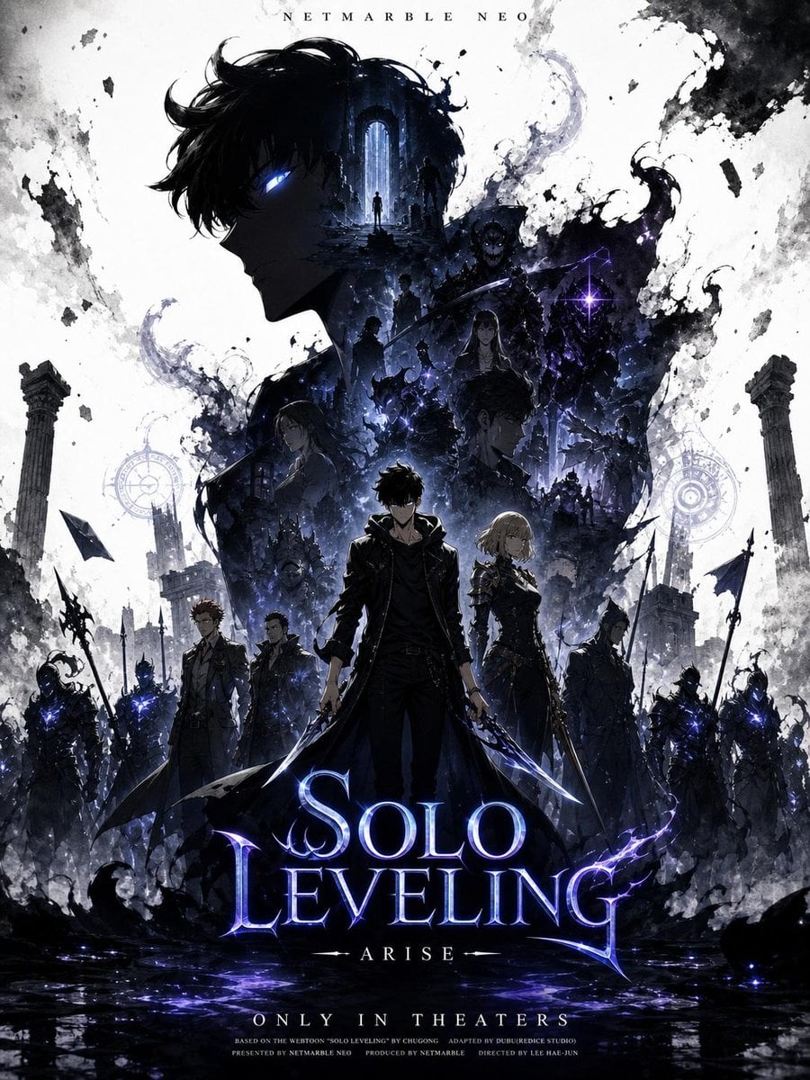 Create a promotional poster of a [Hero Subject: SOLO LEVELING-themed] character with a vertical Facebook portrait post c